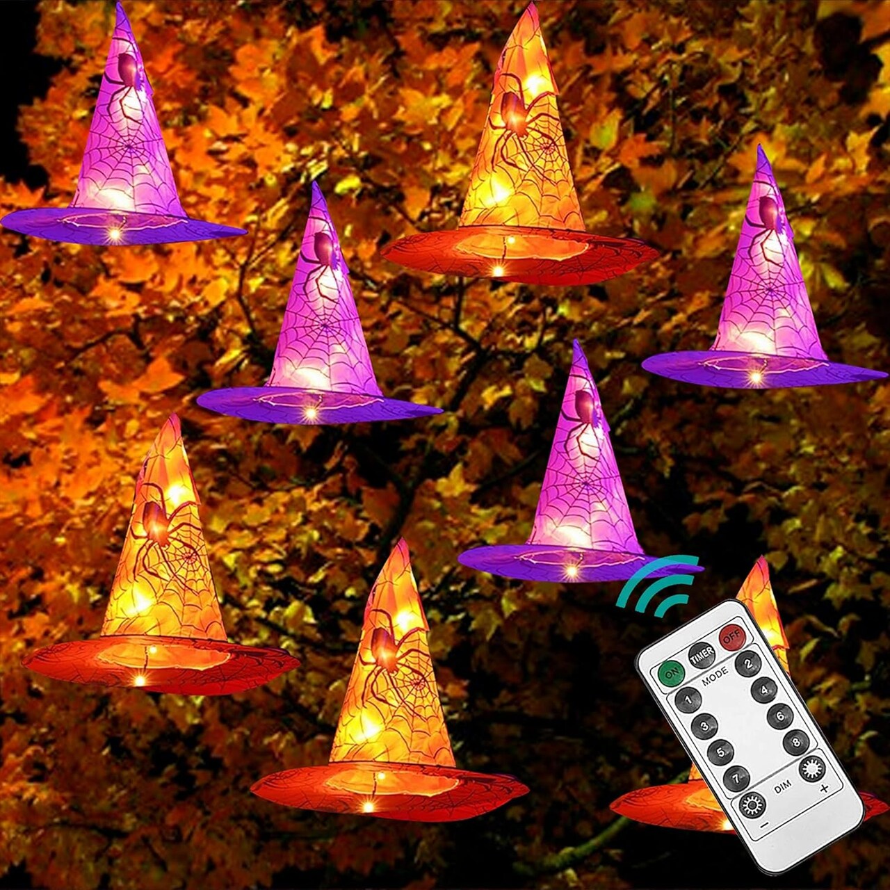 8 Pcs Hanging Witch Hat String Lights, Light Up Waterproof Halloween Decorations (Multicolor)